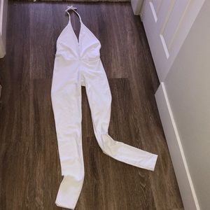 White Plunge Neckline Bodycon Jumpsuit